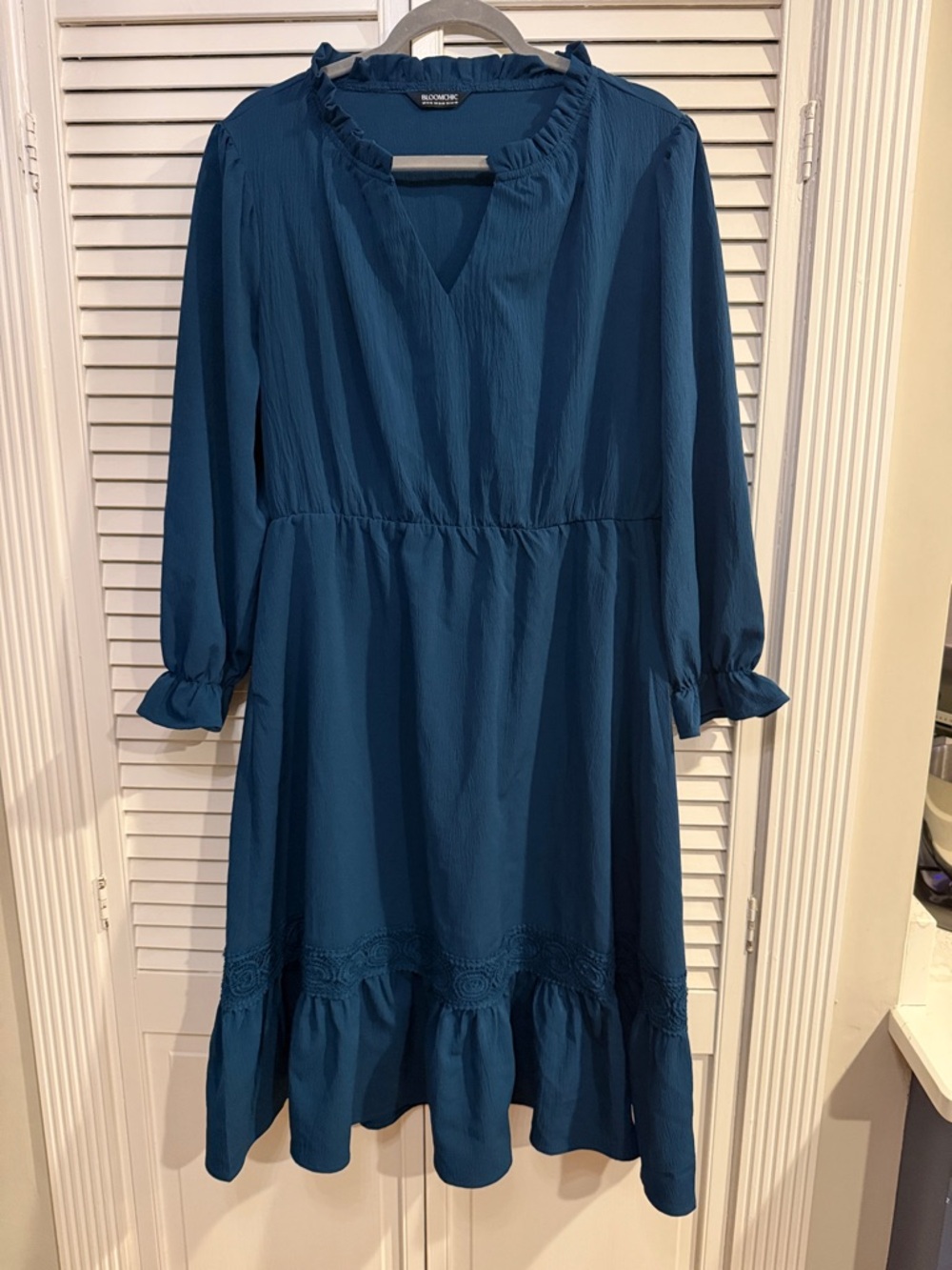 Teal Ruffle-Hem Long Sleeve  Dress